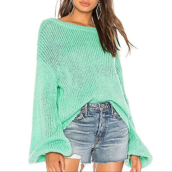 Lovers + Friends Lynn Bell Sleeve Chunky Open Knit Wool Sweater in Mint Green - Picture 1 of 6